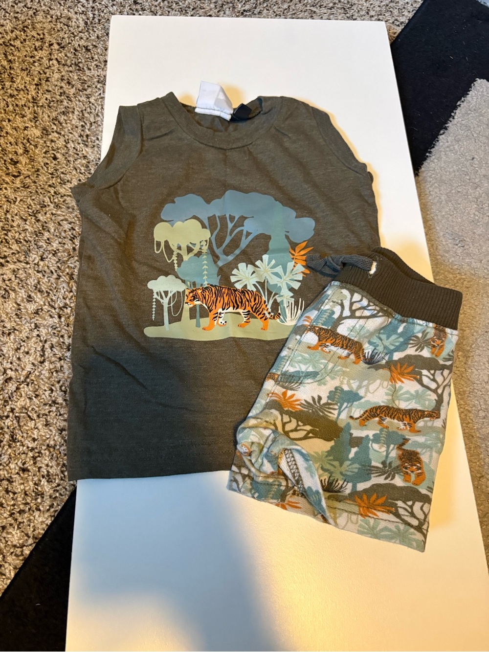 Carter's Olive Tank Top and Jungle Print Shorts Set with Orange Tiger